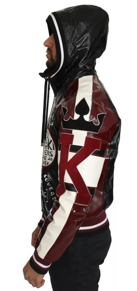 Dolce & Gabbana Black Bordeaux Hooded Leather DG King of Love Jacket LUNESCAPE