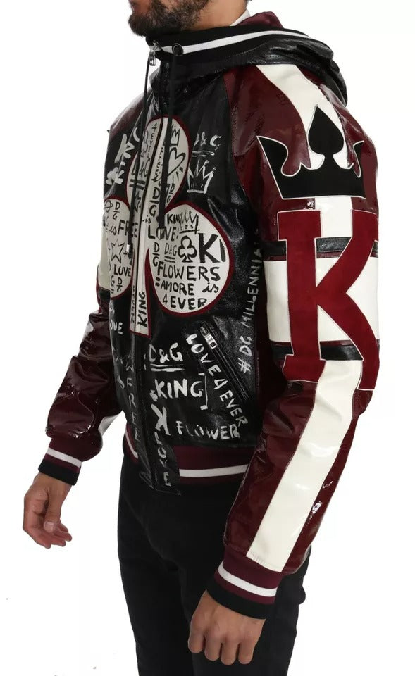 Dolce & Gabbana Black Bordeaux Hooded Leather DG King of Love Jacket LUNESCAPE
