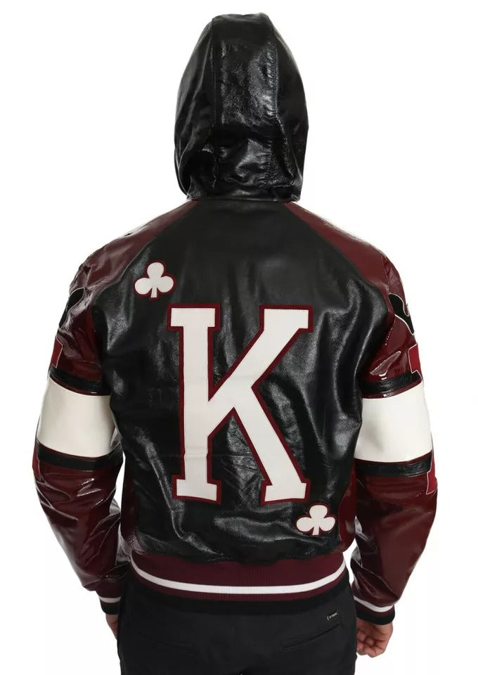 Dolce & Gabbana Black Bordeaux Hooded Leather DG King of Love Jacket LUNESCAPE