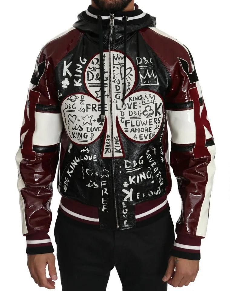 Dolce & Gabbana Black Bordeaux Hooded Leather DG King of Love Jacket LUNESCAPE