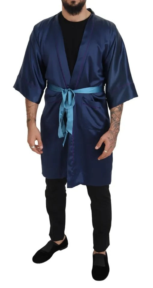 Dolce & Gabbana Blue Satin Silk Waist Belt Robe Jacket