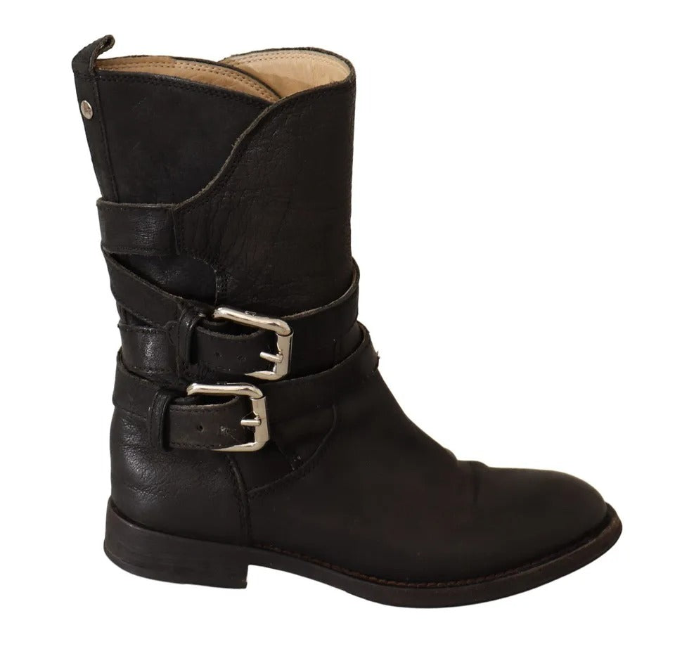 Dolce & Gabbana Black Leather Buckle Mid Calf Boots Shoes LUNESCAPE