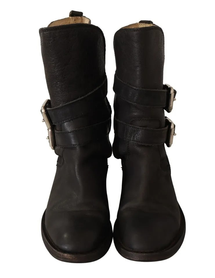 Dolce & Gabbana Black Leather Buckle Mid Calf Boots Shoes LUNESCAPE