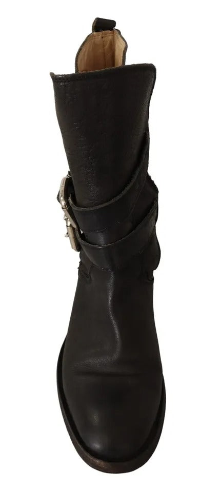Dolce & Gabbana Black Leather Buckle Mid Calf Boots Shoes LUNESCAPE