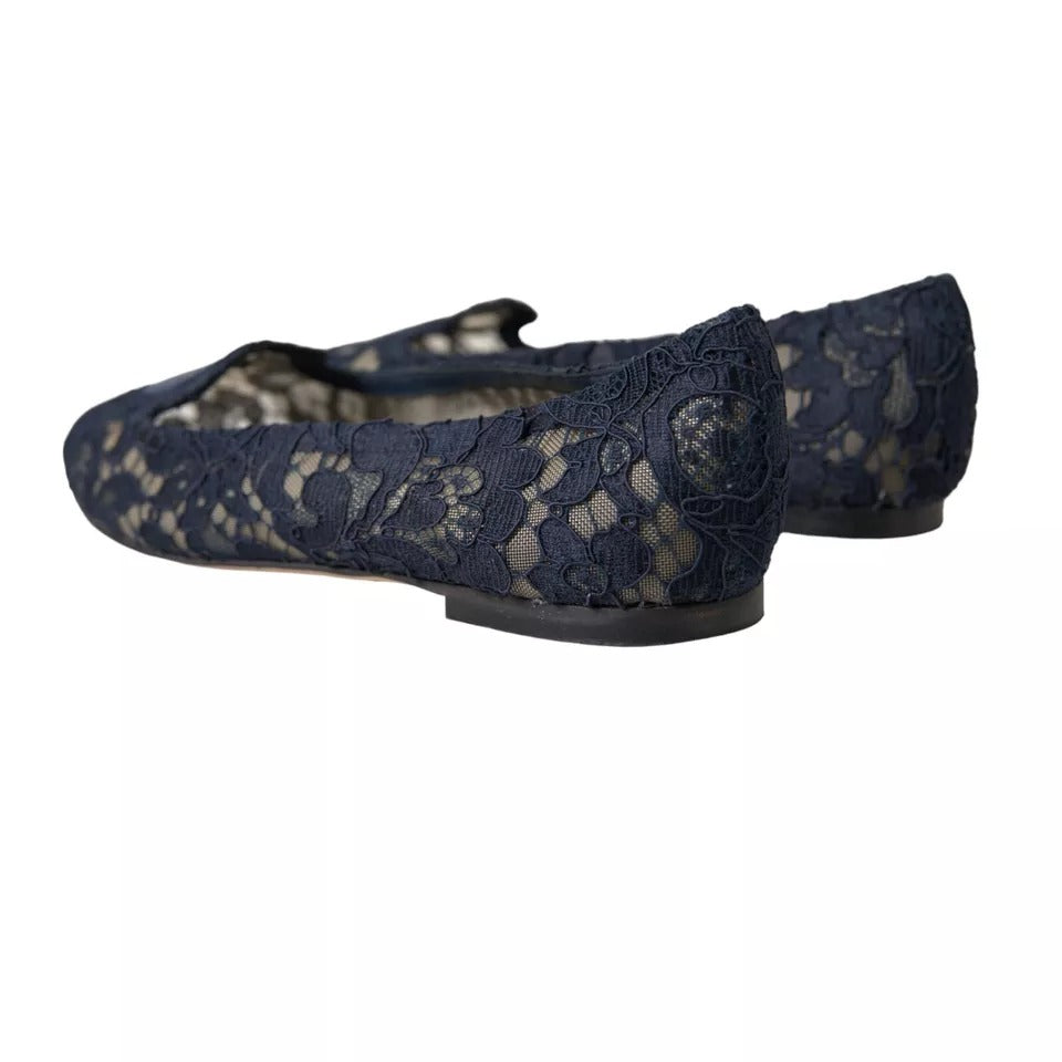 Dolce & Gabbana Dark Blue Taormina Lace Slip On Flats Shoes LUNESCAPE