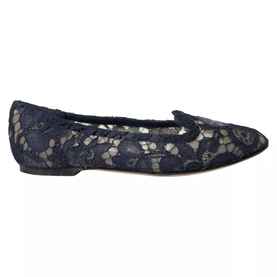 Dolce & Gabbana Dark Blue Taormina Lace Slip On Flats Shoes LUNESCAPE