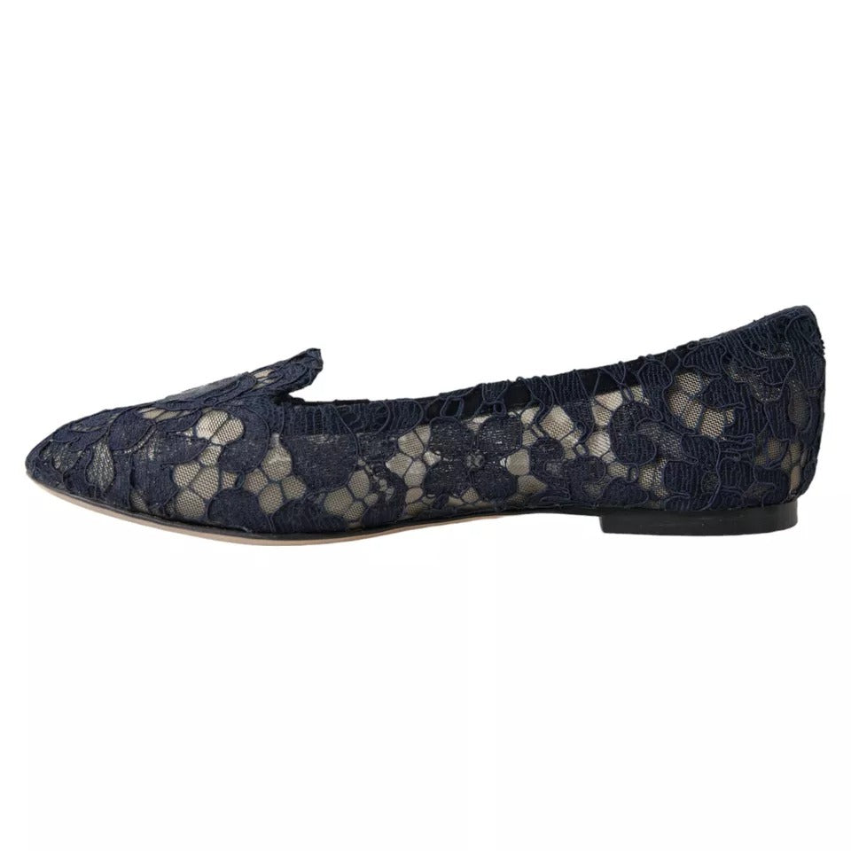 Dolce & Gabbana Dark Blue Taormina Lace Slip On Flats Shoes LUNESCAPE