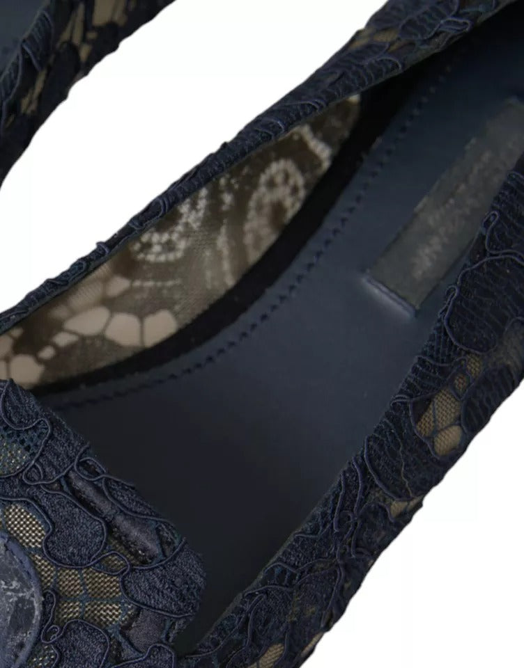 Dolce & Gabbana Dark Blue Taormina Lace Slip On Flats Shoes LUNESCAPE