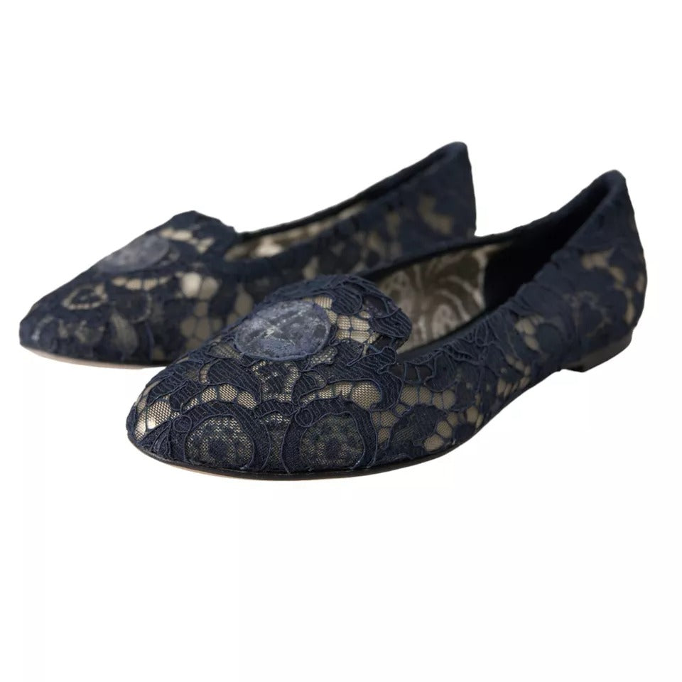 Dolce & Gabbana Dark Blue Taormina Lace Slip On Flats Shoes LUNESCAPE