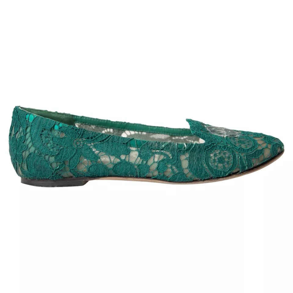 Dolce & Gabbana Green Taormina Lace Slip On Flats Shoes LUNESCAPE