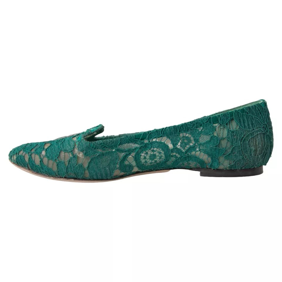 Dolce & Gabbana Green Taormina Lace Slip On Flats Shoes LUNESCAPE