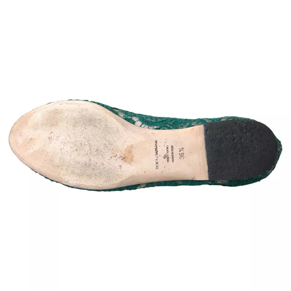 Dolce & Gabbana Green Taormina Lace Slip On Flats Shoes LUNESCAPE