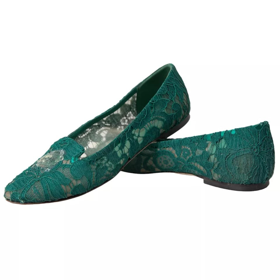 Dolce & Gabbana Green Taormina Lace Slip On Flats Shoes LUNESCAPE