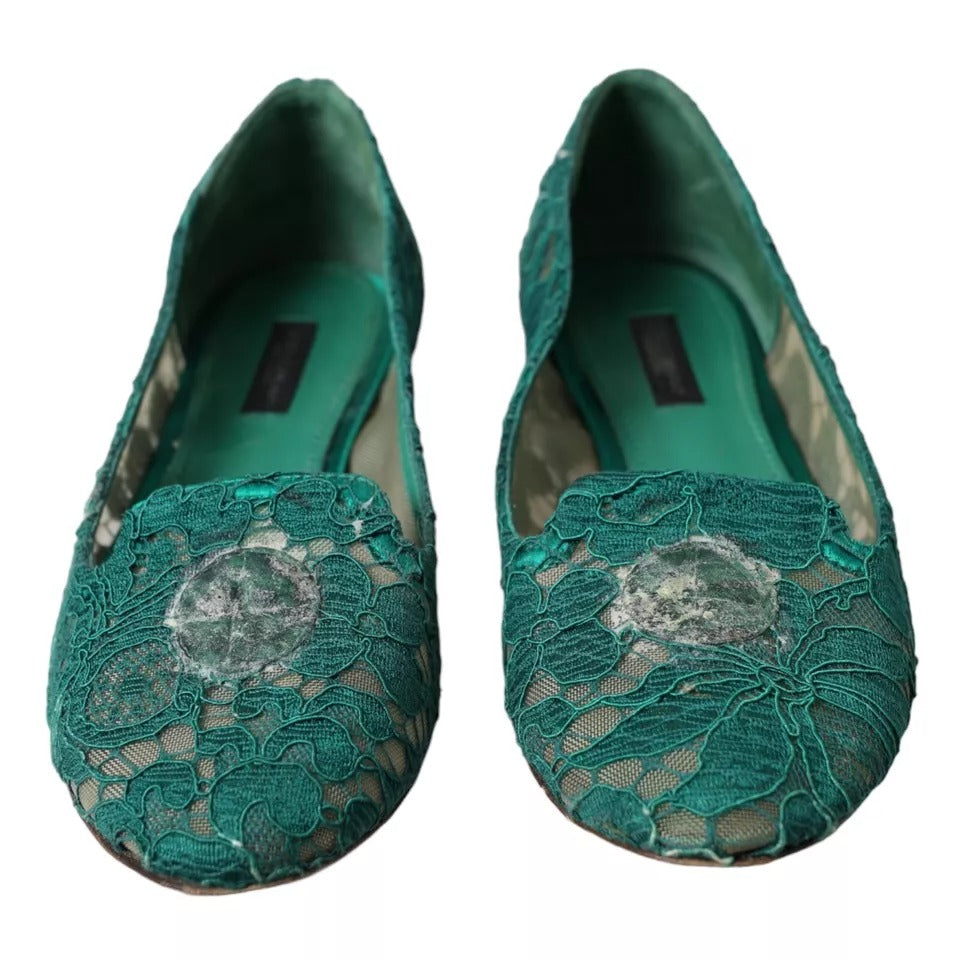 Dolce & Gabbana Green Taormina Lace Slip On Flats Shoes LUNESCAPE