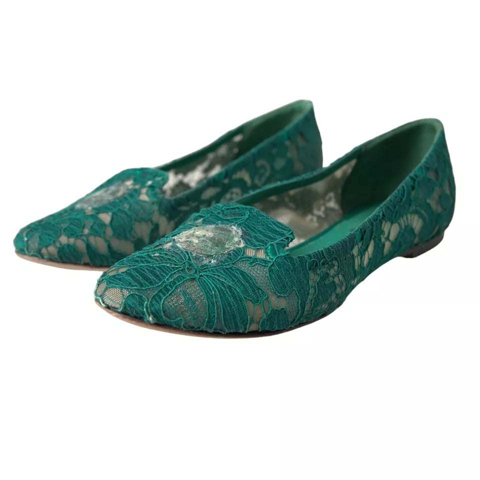 Dolce & Gabbana Green Taormina Lace Slip On Flats Shoes LUNESCAPE