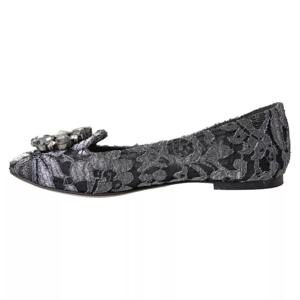 Dolce & Gabbana Gray Black Lace Crystal Ballet Loafers Shoes LUNESCAPE