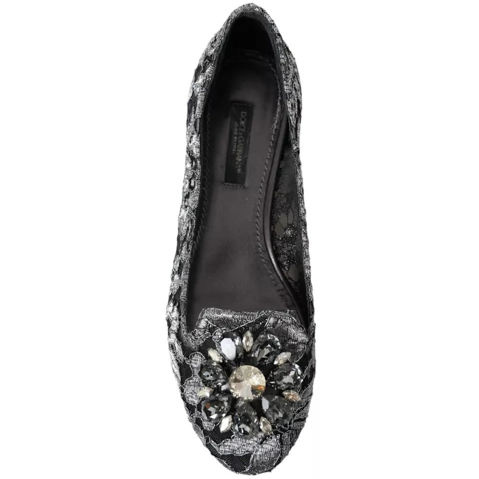 Dolce & Gabbana Gray Black Lace Crystal Ballet Loafers Shoes LUNESCAPE