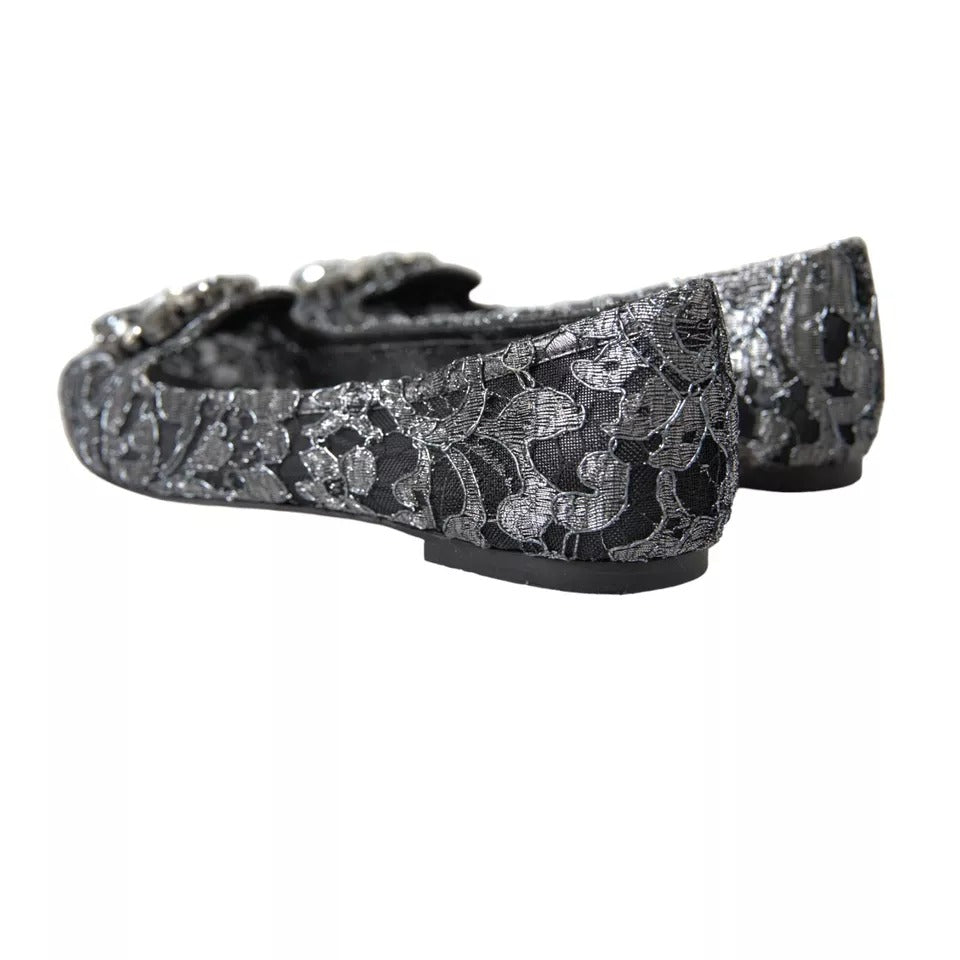 Dolce & Gabbana Gray Black Lace Crystal Ballet Loafers Shoes LUNESCAPE