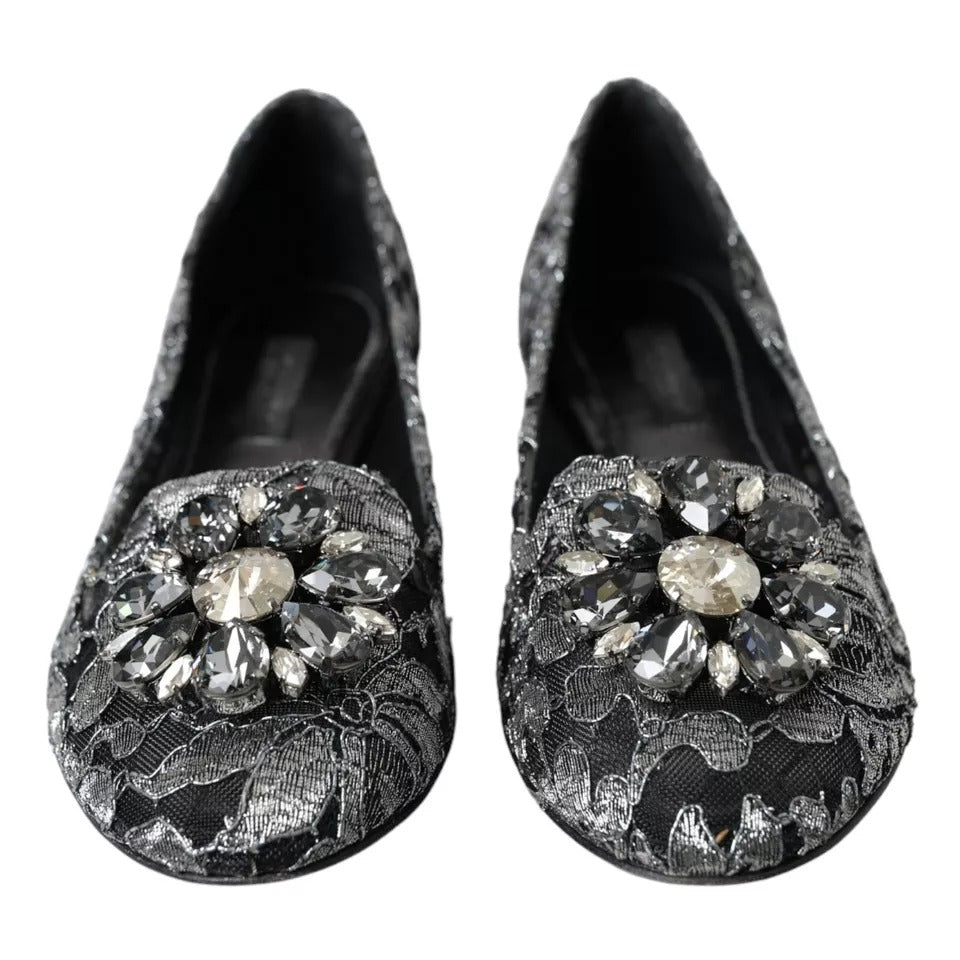 Dolce & Gabbana Gray Black Lace Crystal Ballet Loafers Shoes LUNESCAPE
