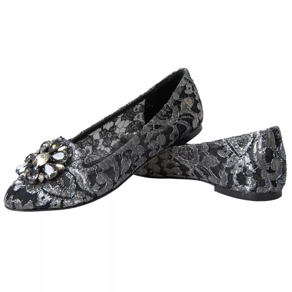 Dolce & Gabbana Gray Black Lace Crystal Ballet Loafers Shoes LUNESCAPE