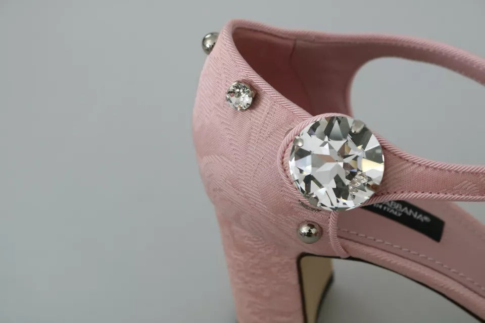 Dolce & Gabbana Pink Brocade Crystal Lily Ankle Strap Shoes