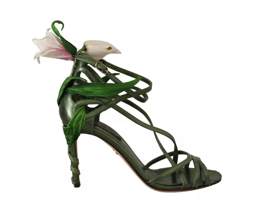 Dolce & Gabbana Acid Green Leather Strappy Flower Heels Sandals Shoes LUNESCAPE
