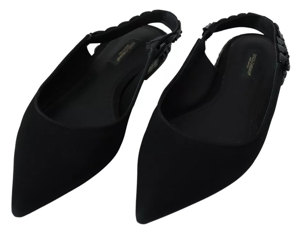 Dolce & Gabbana Black Flats Crystal Slingback Charmeuse Shoes LUNESCAPE