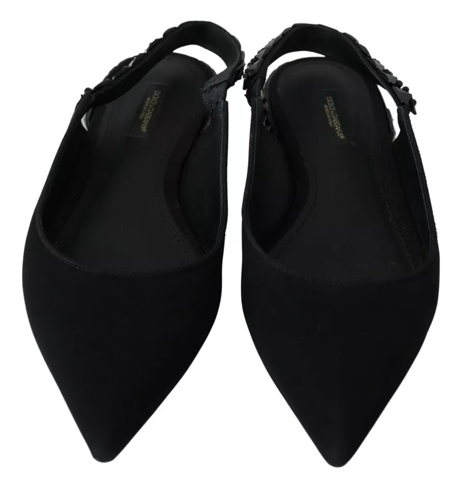 Dolce & Gabbana Black Flats Crystal Slingback Charmeuse Shoes LUNESCAPE