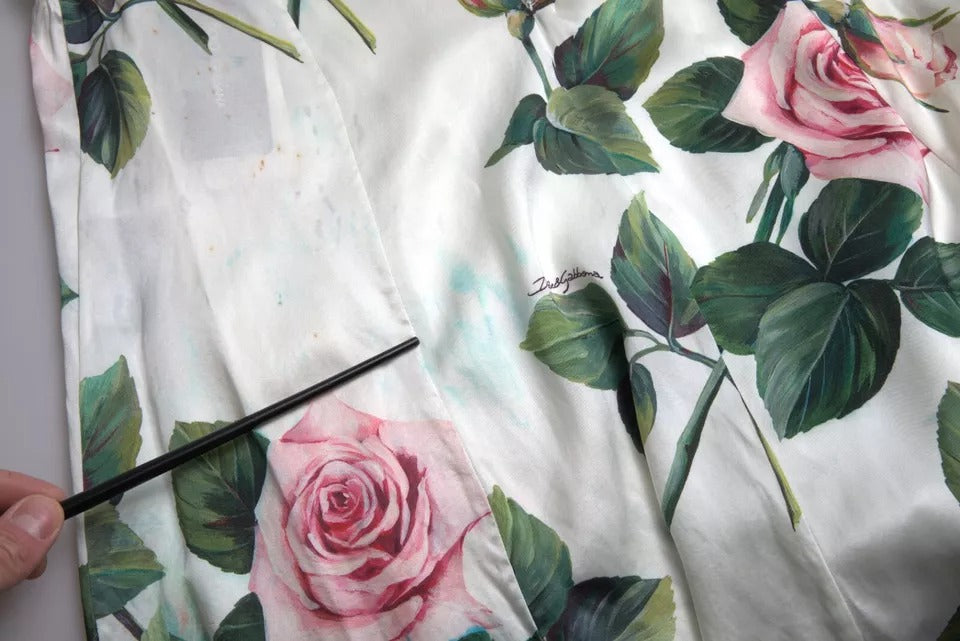 Dolce & Gabbana White Rose Print High Waist Midi A-line Skirt