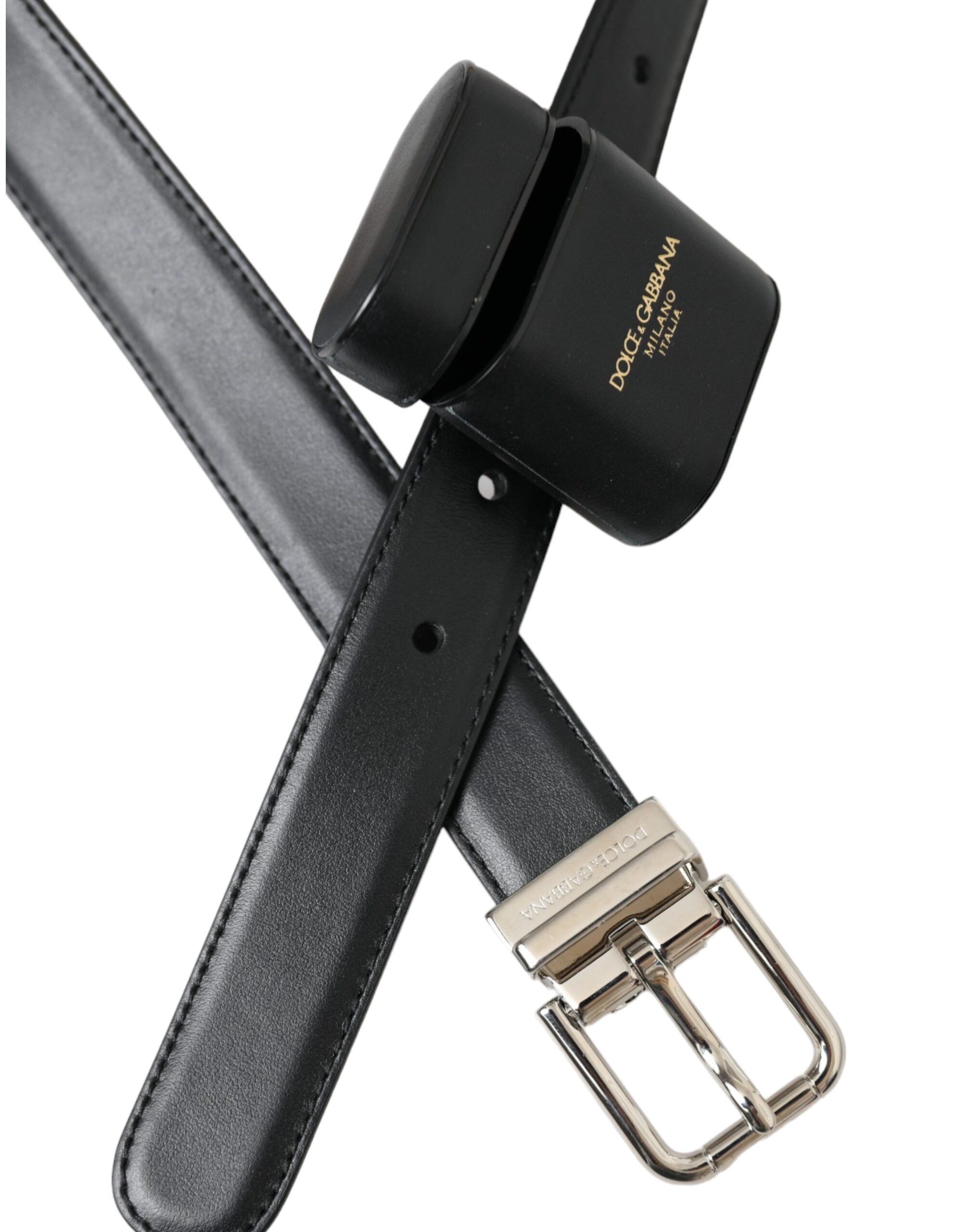 Dolce & Gabbana Black Leather Airpods Case Silver Buckle Belt LUNESCAPE