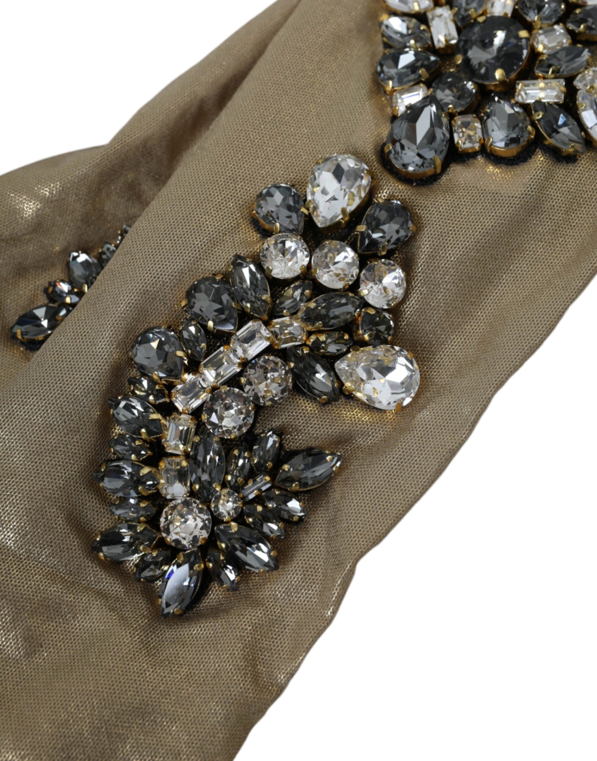 Dolce & Gabbana Beige Satin Crystal Elbow Length Gloves LUNESCAPE