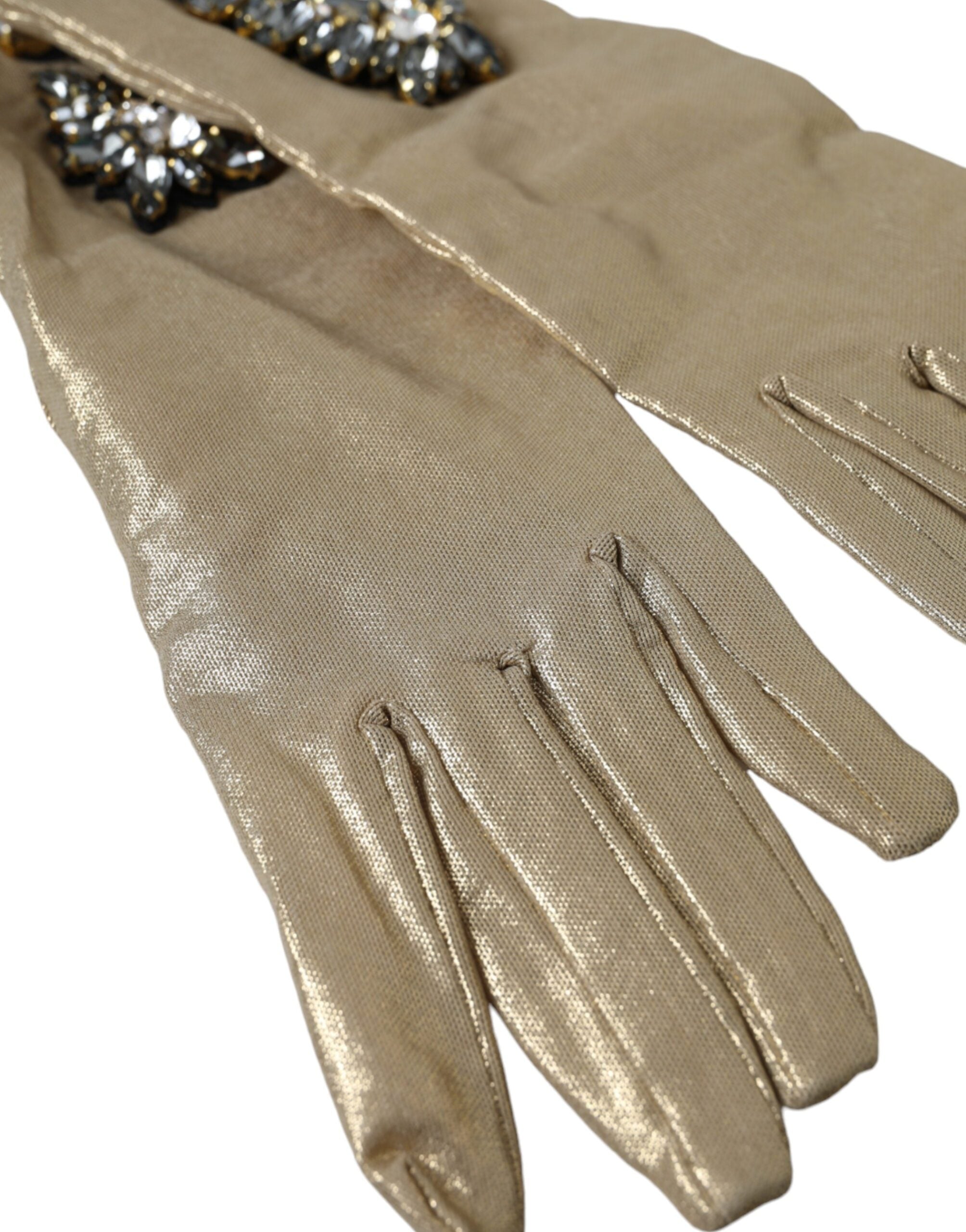Dolce & Gabbana Beige Satin Crystal Elbow Length Gloves LUNESCAPE