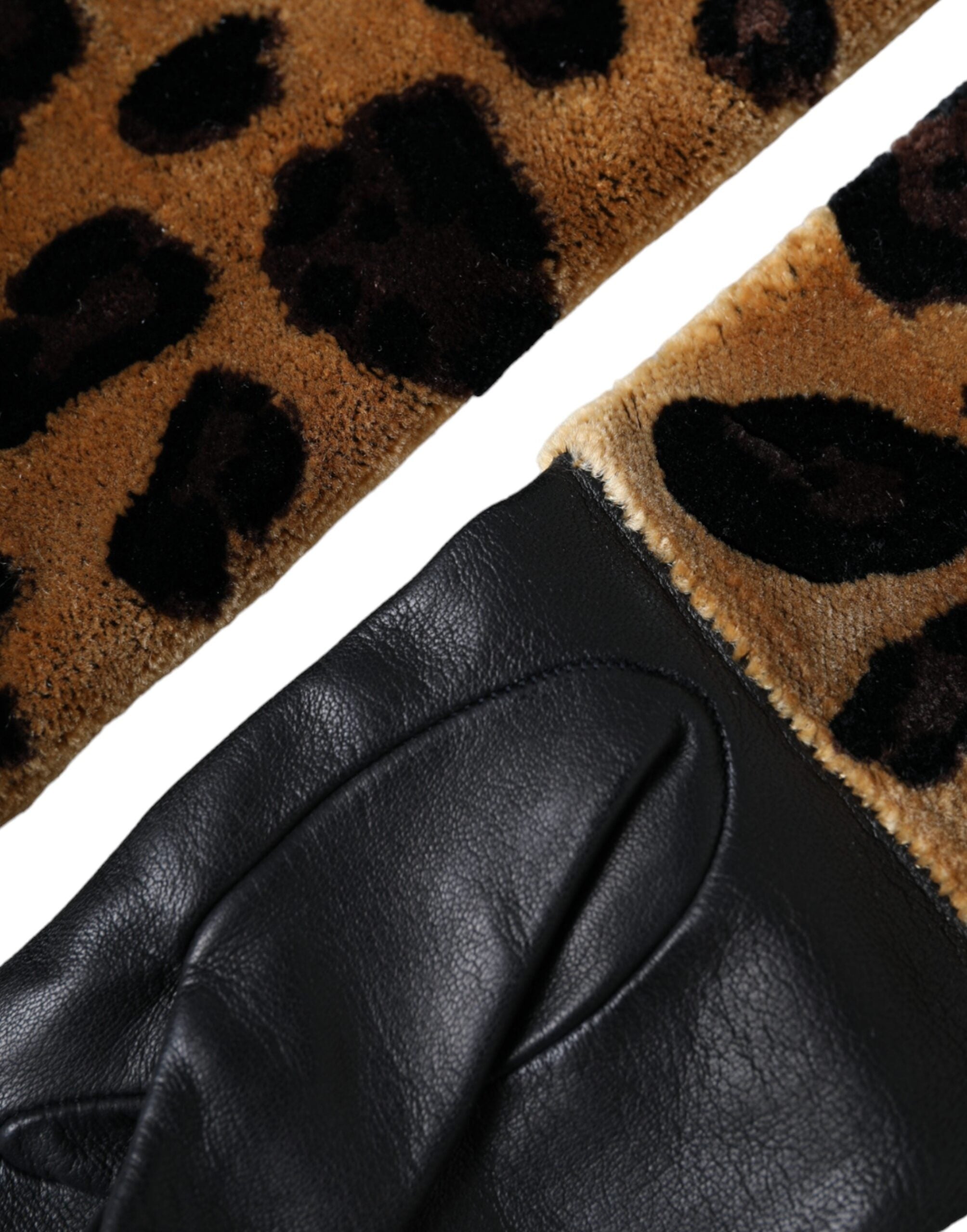 Dolce & Gabbana Brown Black Leopard Leather Elbow Length Gloves LUNESCAPE