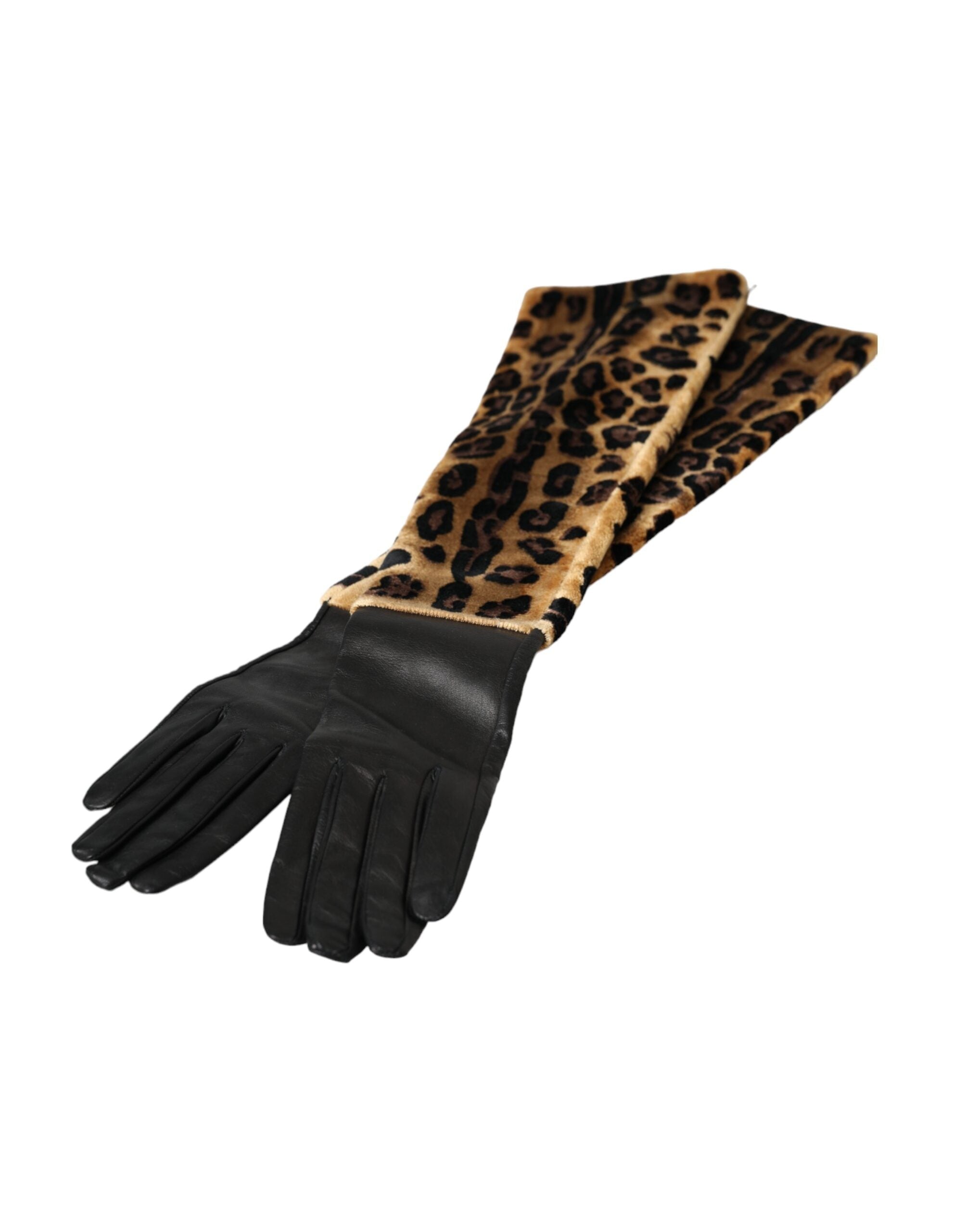 Dolce & Gabbana Brown Black Leopard Leather Elbow Length Gloves LUNESCAPE