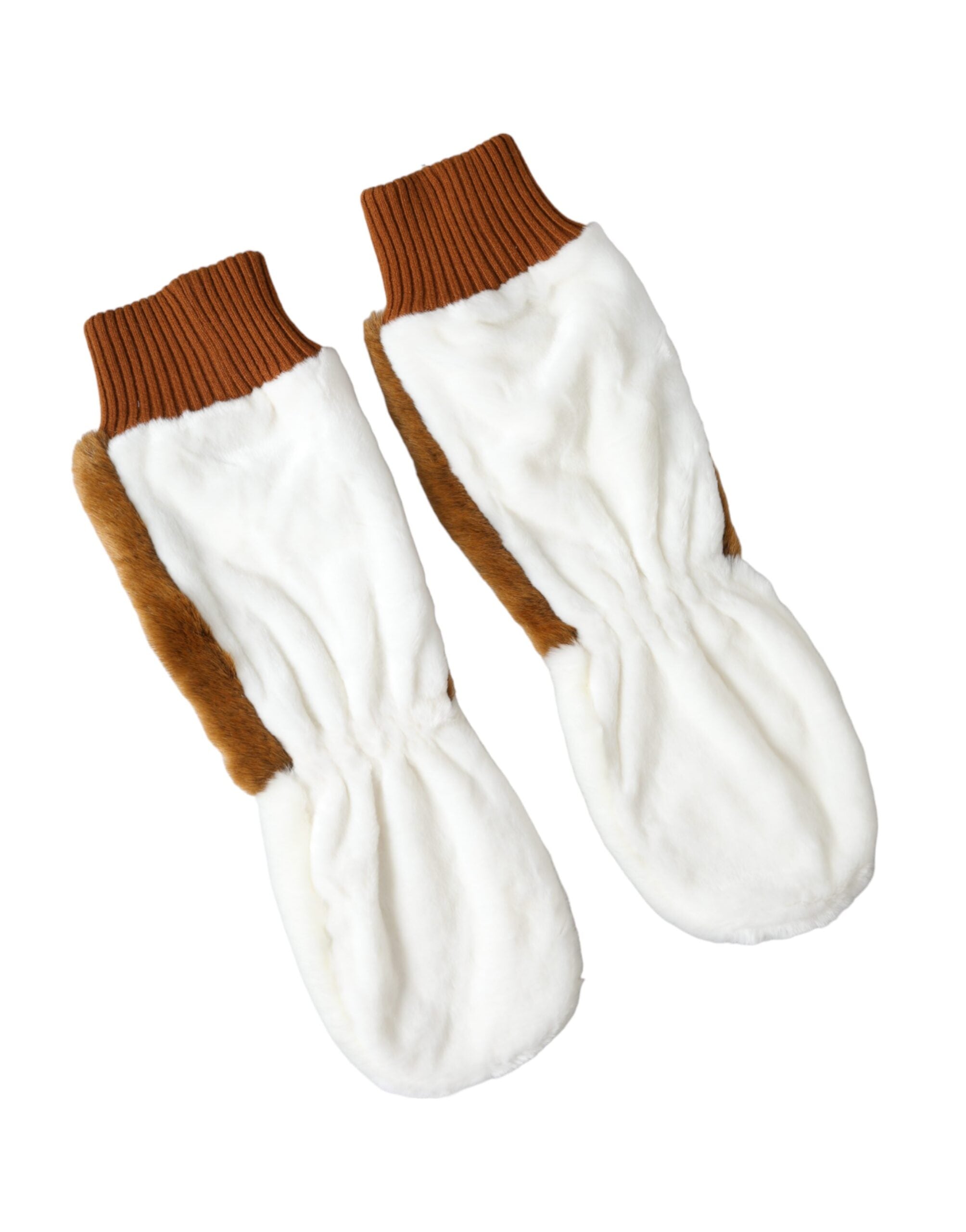 Dolce & Gabbana Brown White Knitted Fur Mitten Gloves LUNESCAPE