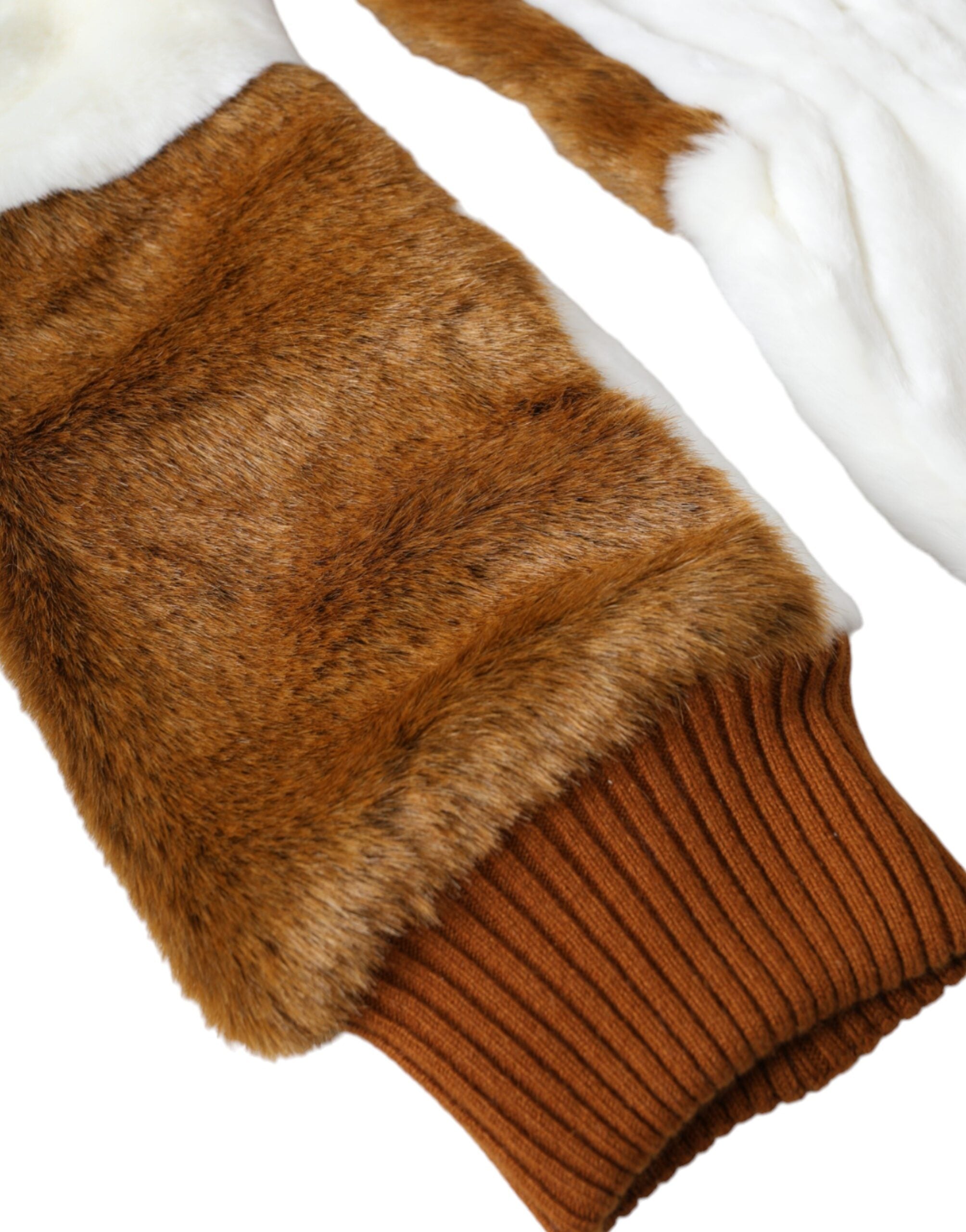 Dolce & Gabbana Brown White Knitted Fur Mitten Gloves LUNESCAPE