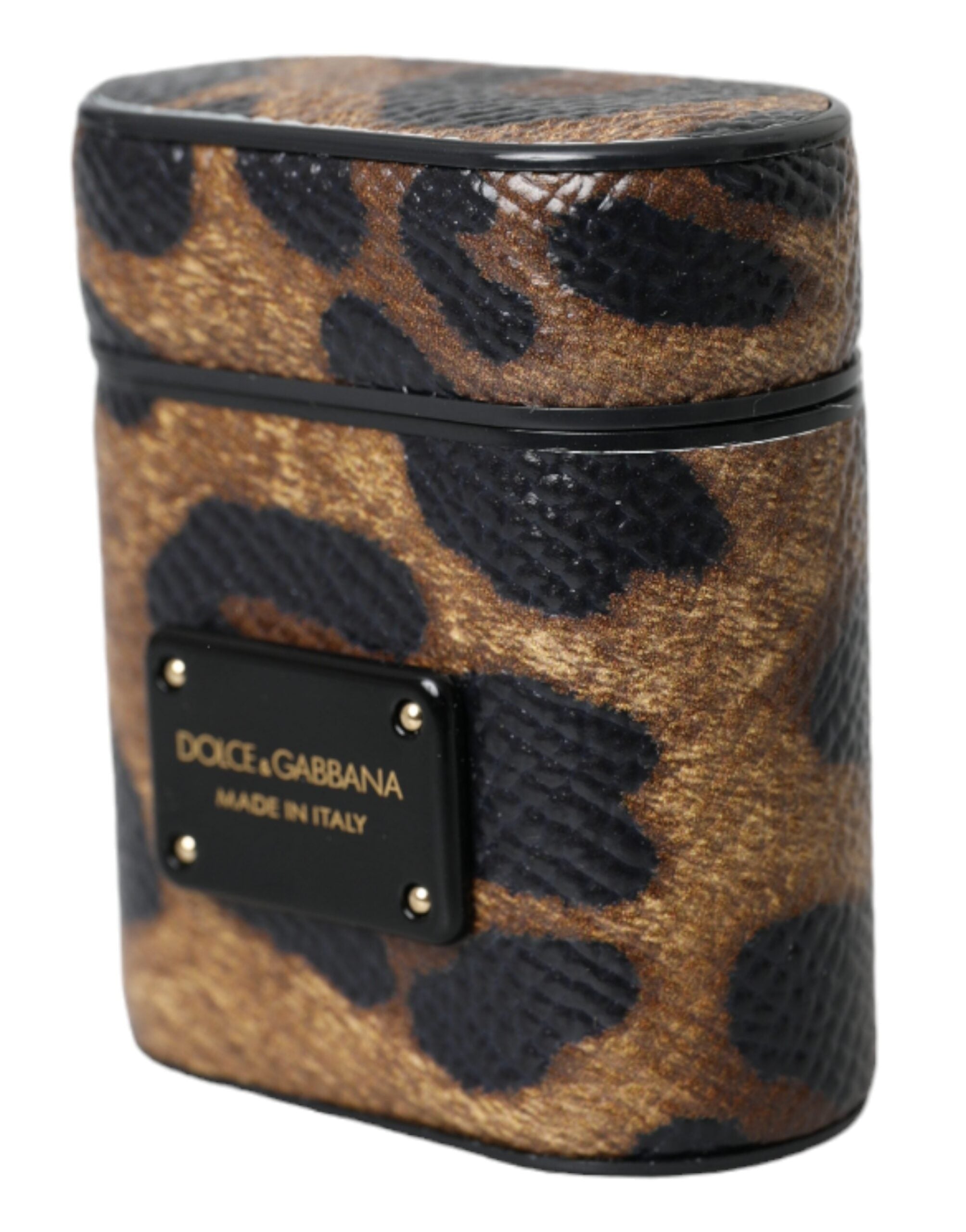 Dolce & Gabbana Brown Leopard Calf Leather Metal Logo Plaque Airpods Case LUNESCAPE