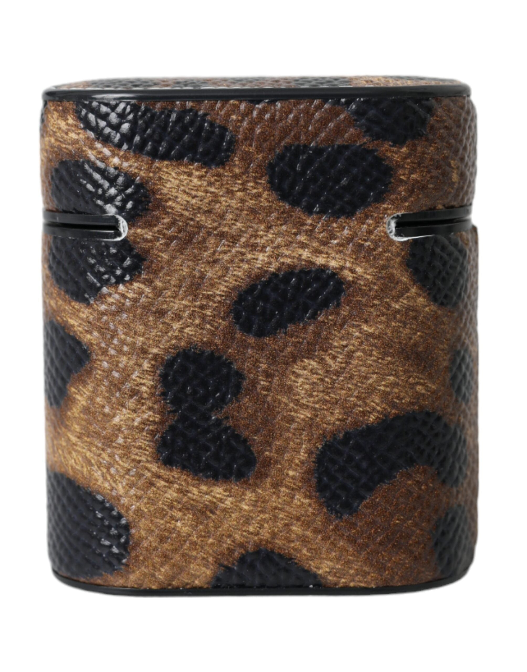 Dolce & Gabbana Brown Leopard Calf Leather Metal Logo Plaque Airpods Case LUNESCAPE
