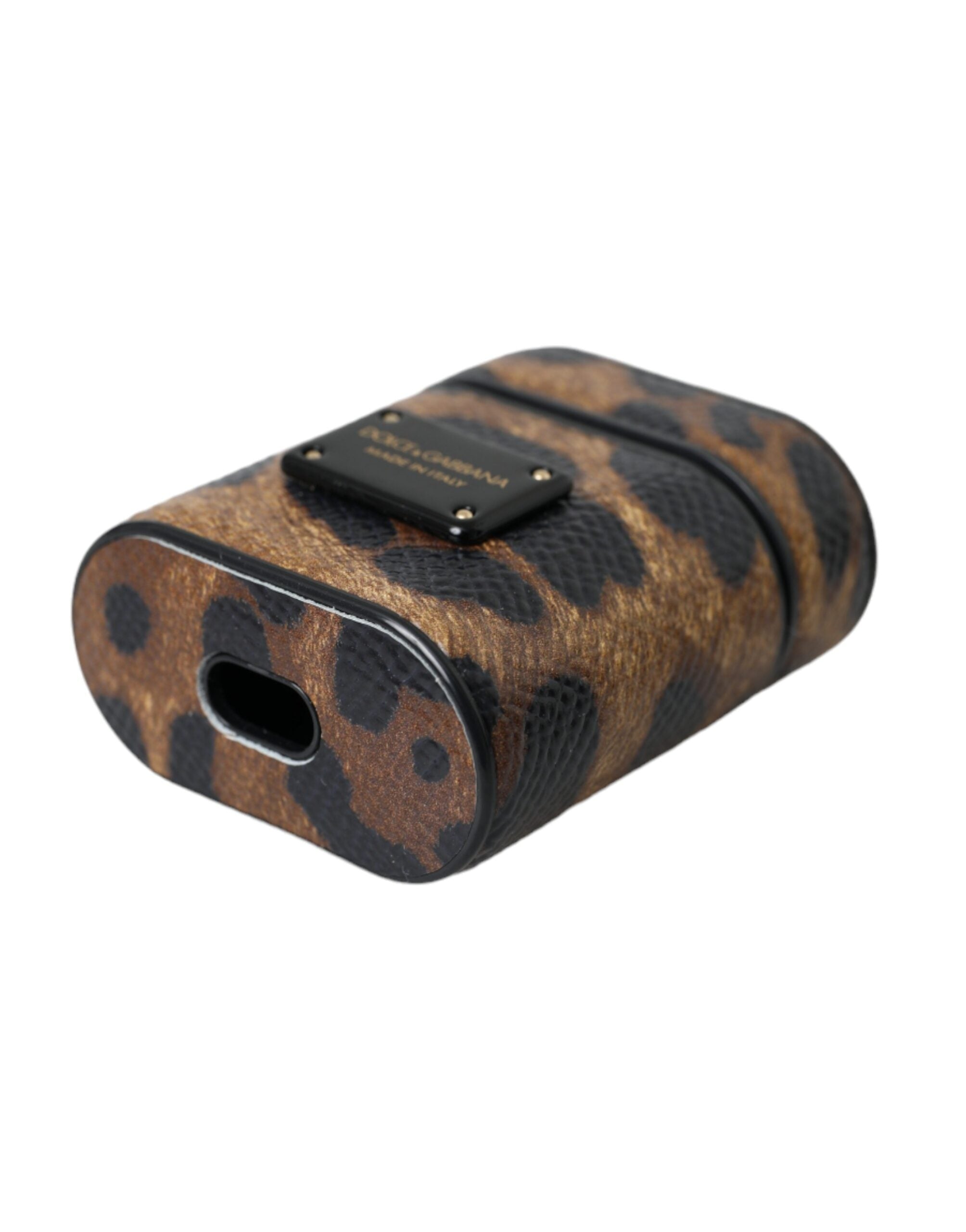 Dolce & Gabbana Brown Leopard Calf Leather Metal Logo Plaque Airpods Case LUNESCAPE