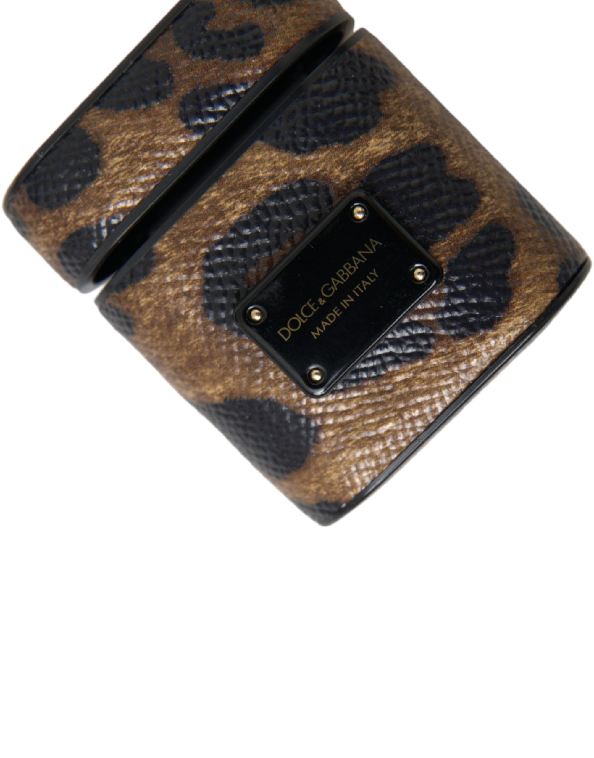 Dolce & Gabbana Brown Leopard Calf Leather Metal Logo Plaque Airpods Case LUNESCAPE