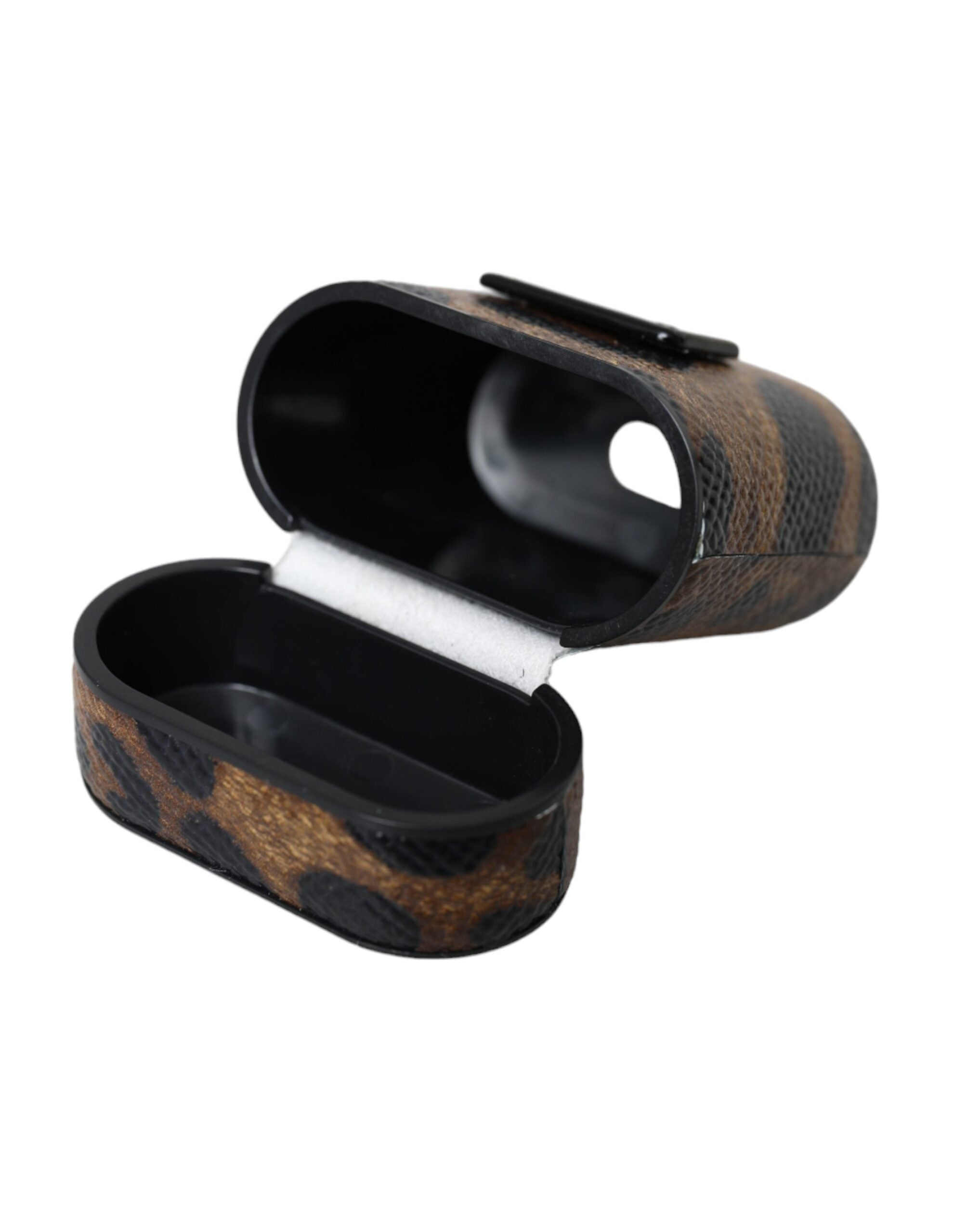 Dolce & Gabbana Brown Leopard Calf Leather Metal Logo Plaque Airpods Case LUNESCAPE