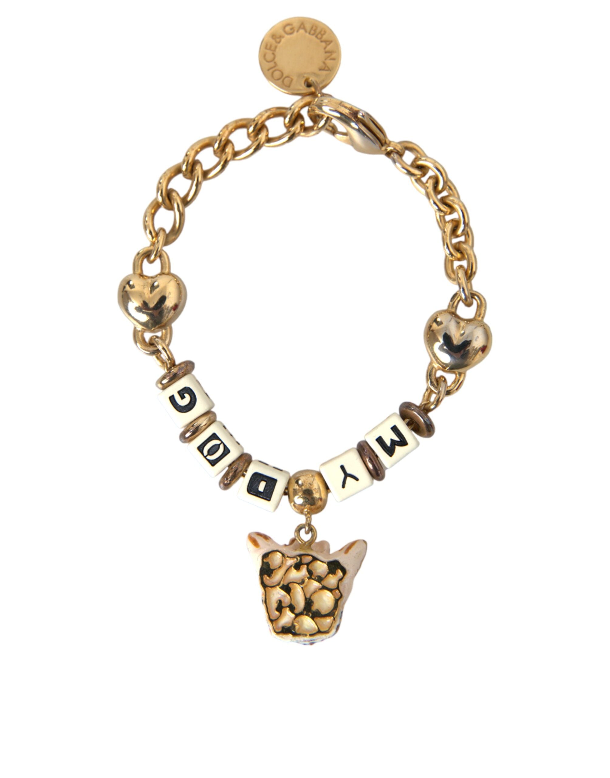 Dolce & Gabbana Gold Tone Brass Chain MY DOG Heart Bracelet LUNESCAPE