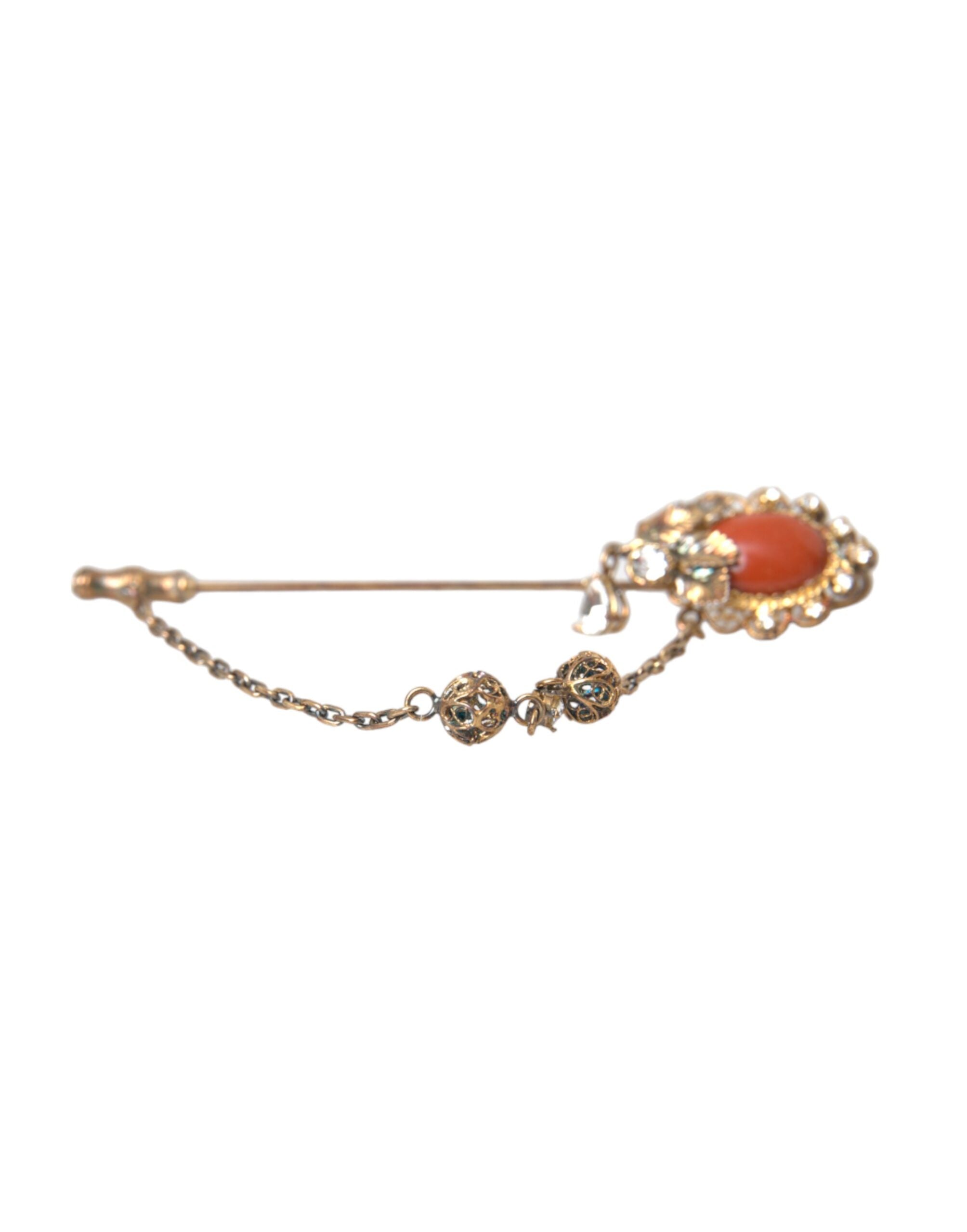 Dolce & Gabbana Gold Brass Crystal Chain 925 Sterling Silver Pin Brooch LUNESCAPE