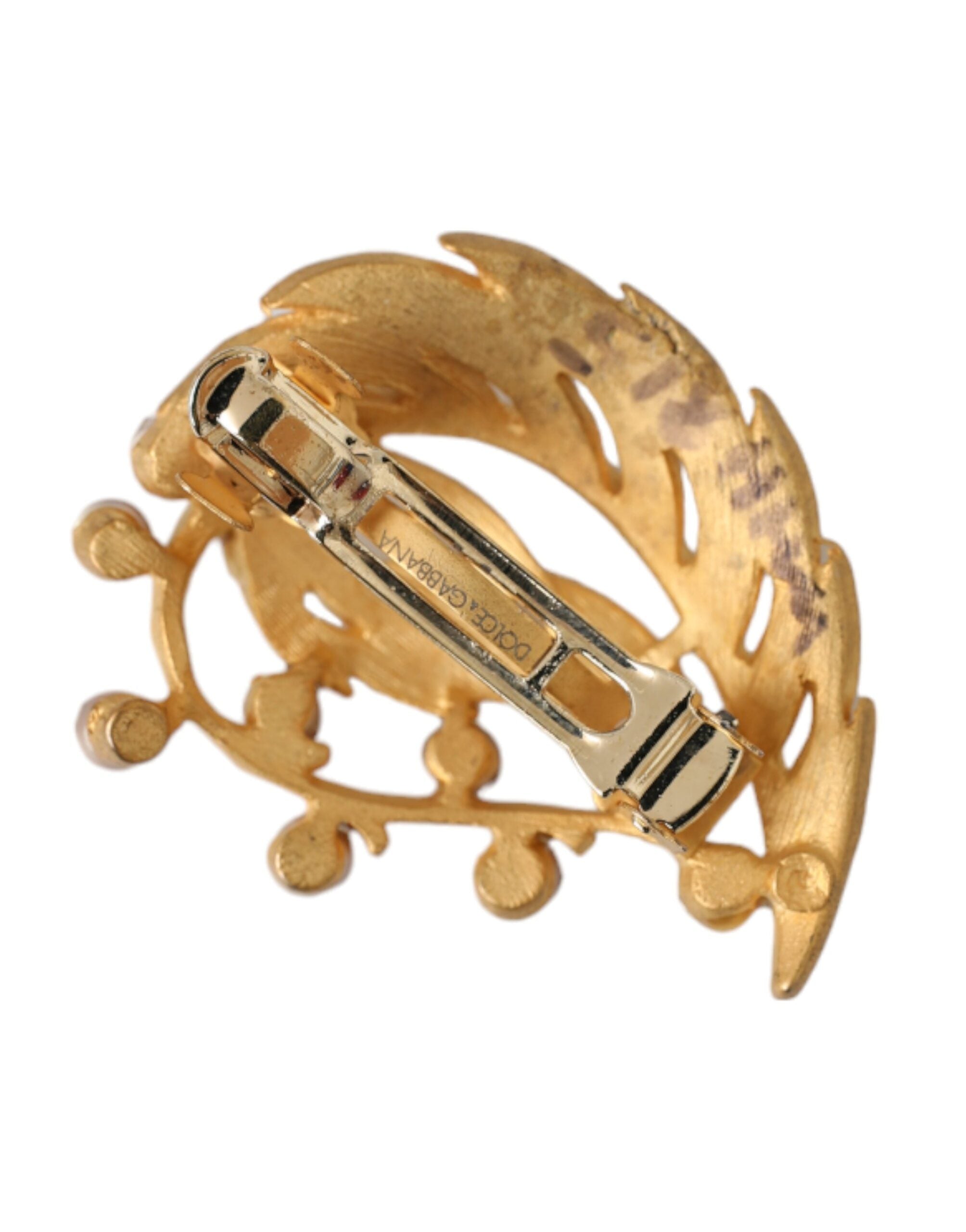 Dolce & Gabbana Gold Brass Leaf Embellished Jewelry Brooch Hair Pin LUNESCAPE