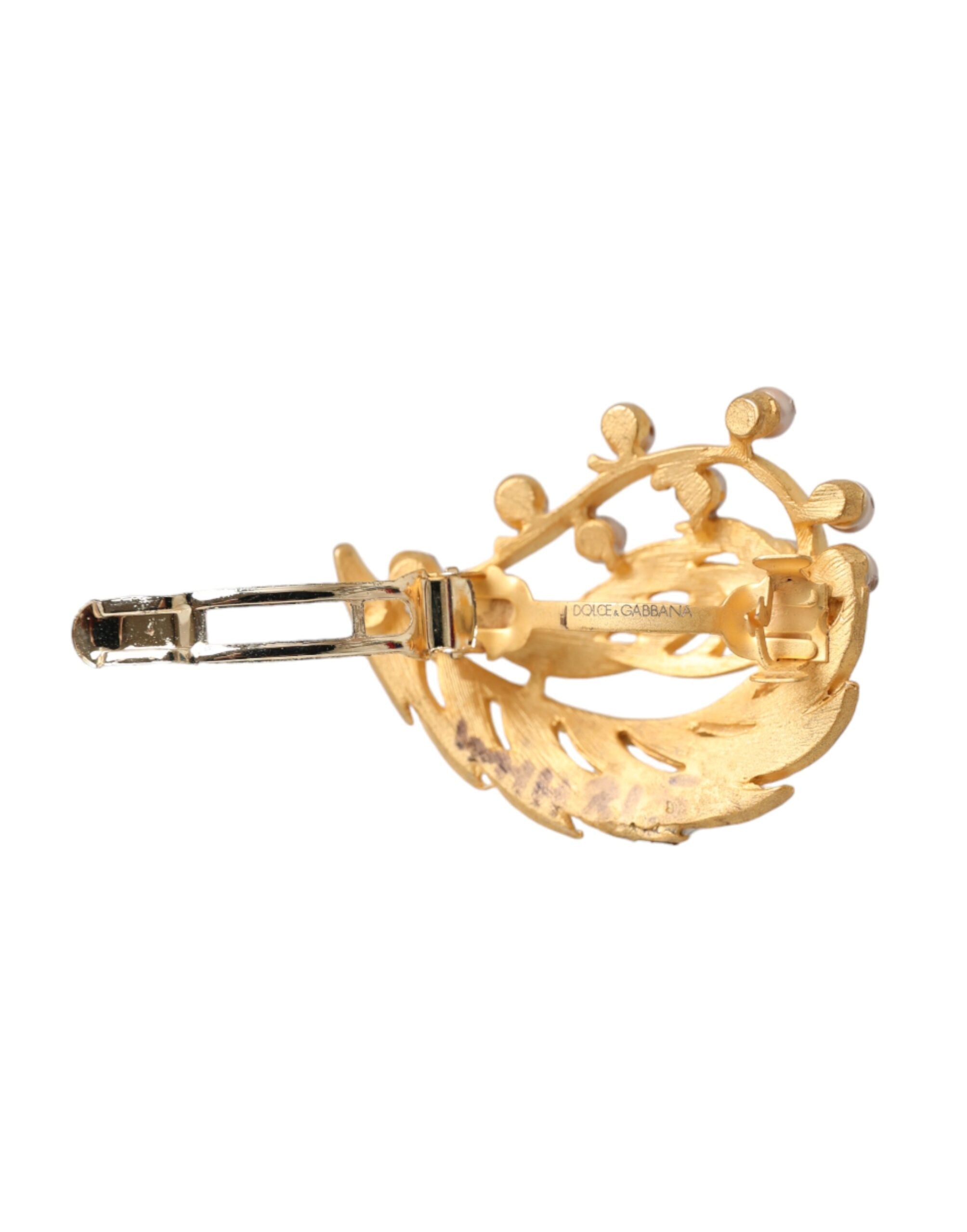 Dolce & Gabbana Gold Brass Leaf Embellished Jewelry Brooch Hair Pin LUNESCAPE
