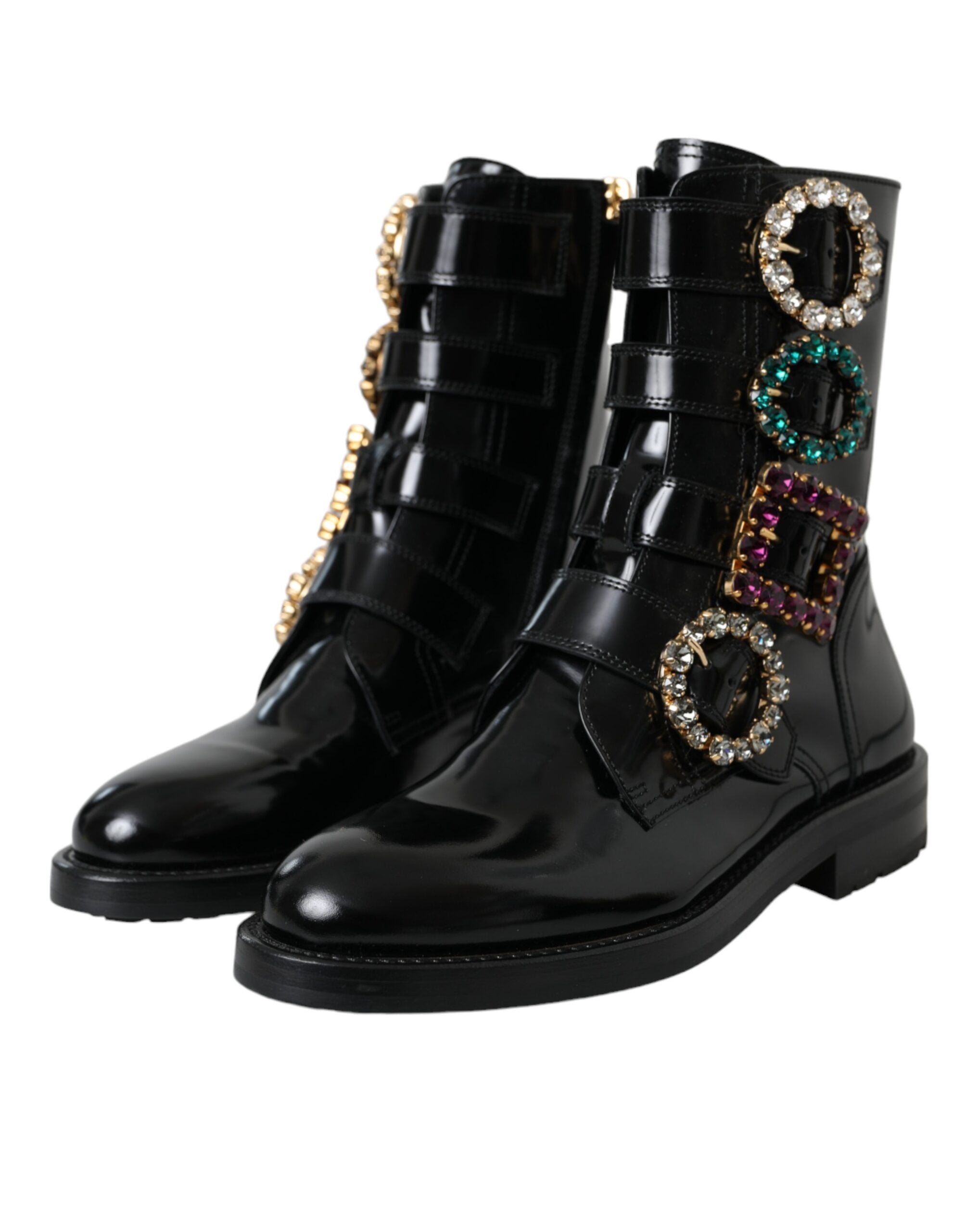Dolce & Gabbana Black Leather Crystal Buckles Boots Shoes LUNESCAPE