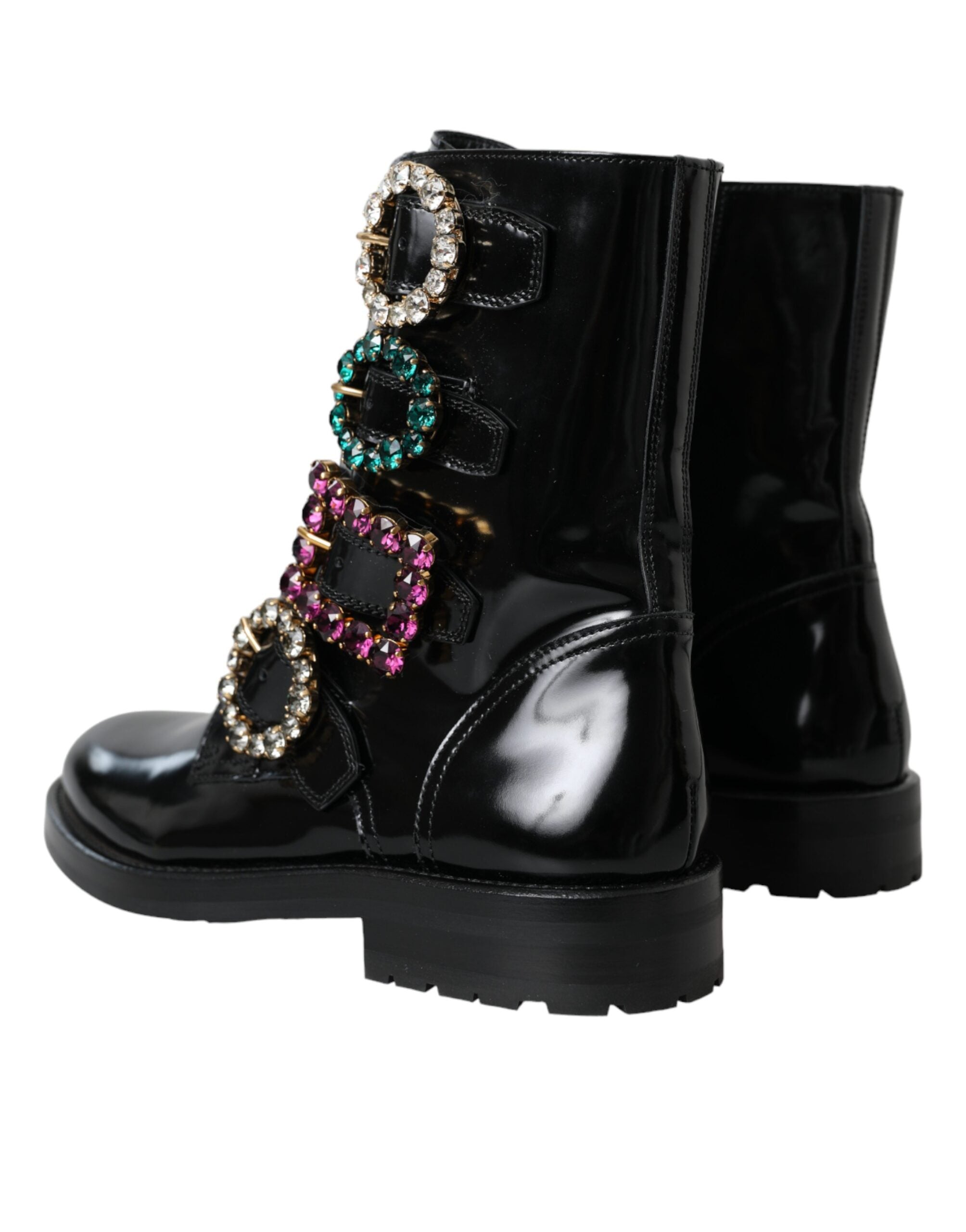 Dolce & Gabbana Black Leather Crystal Buckles Boots Shoes LUNESCAPE