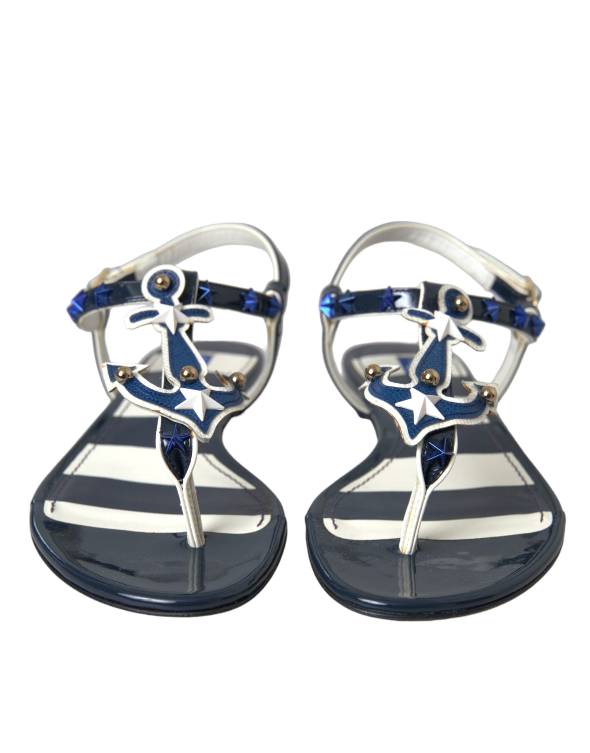 Dolce & Gabbana Blue Stripes Leather Studded Flats Sandals Shoes LUNESCAPE