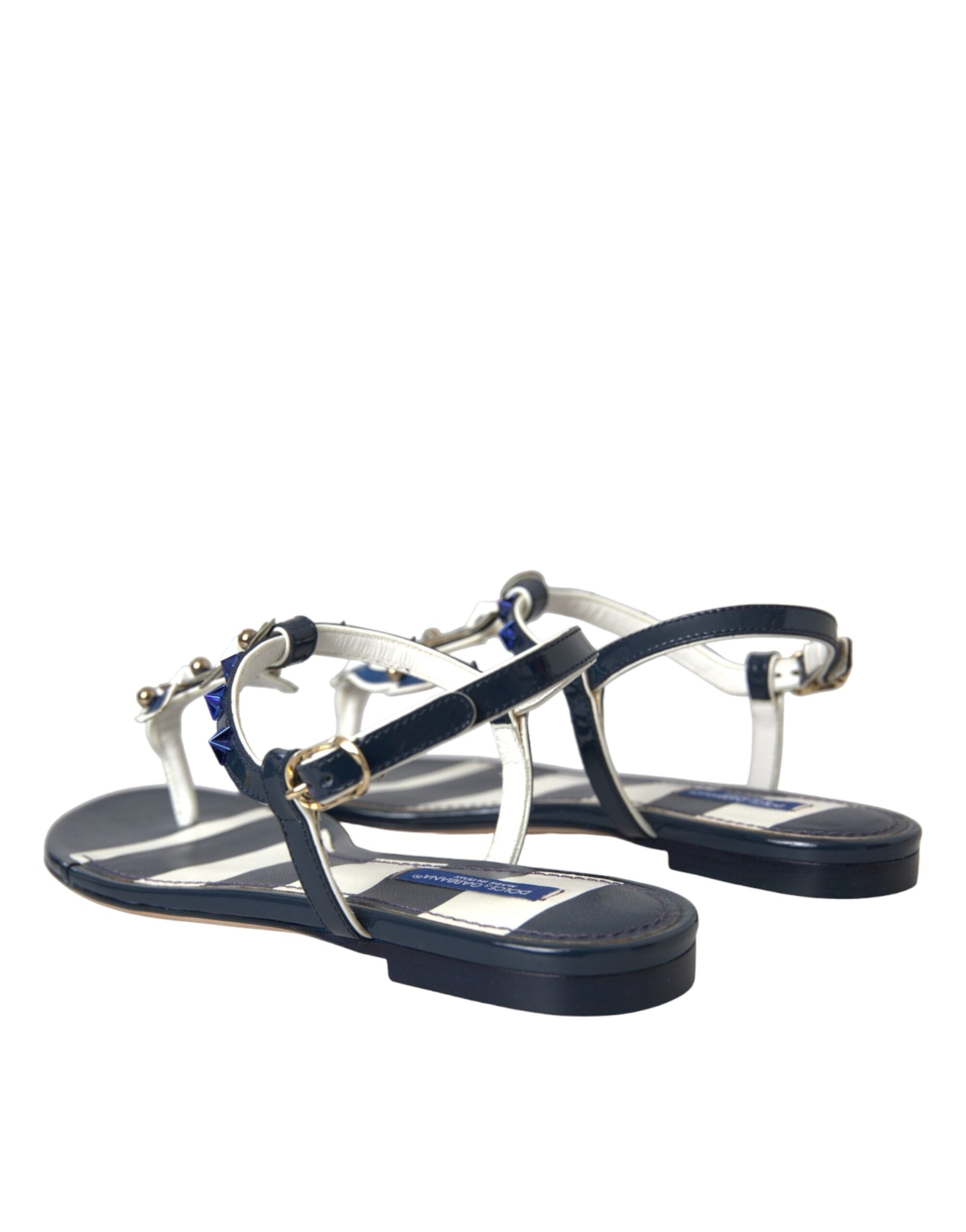 Dolce & Gabbana Blue Stripes Leather Studded Flats Sandals Shoes LUNESCAPE