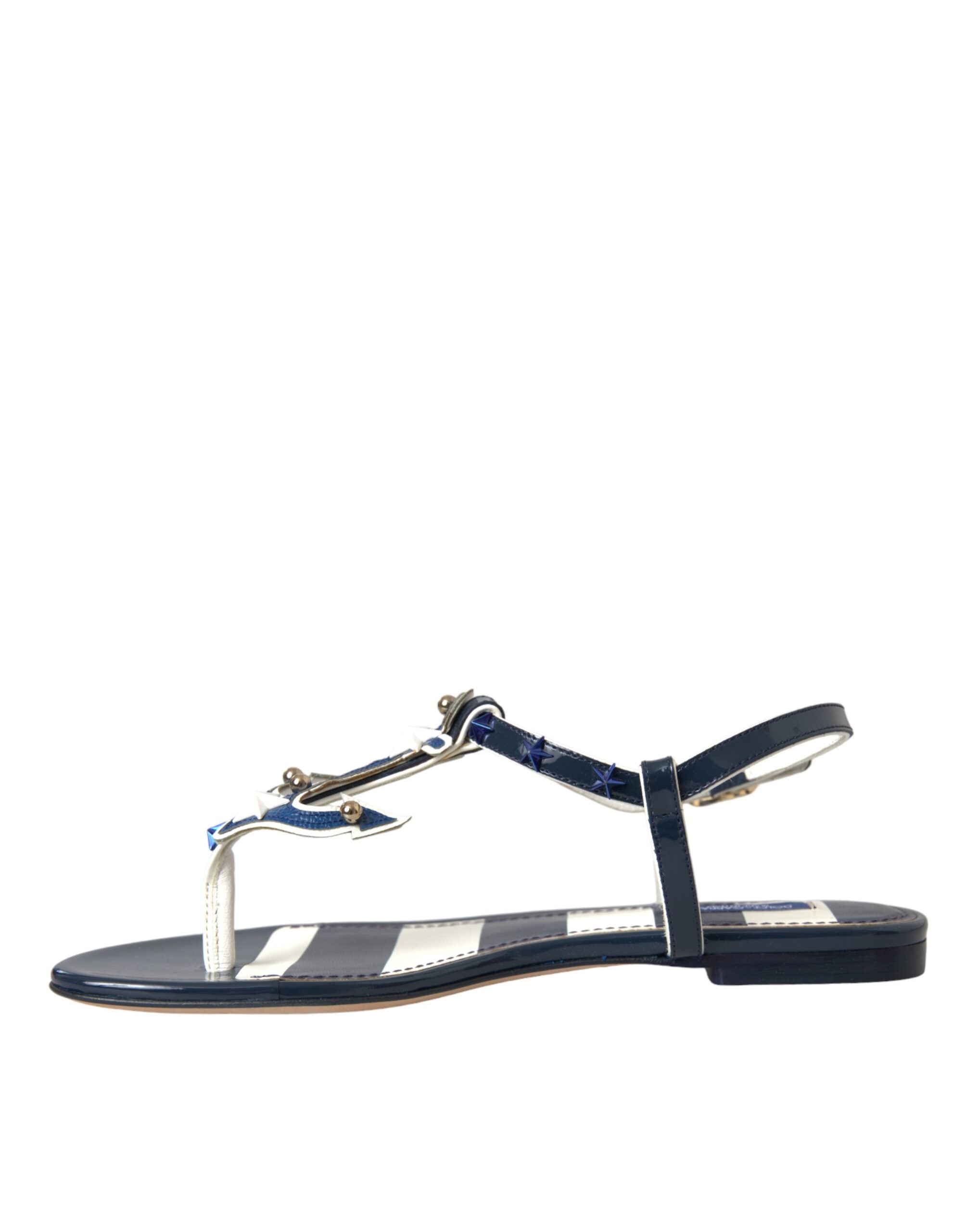 Dolce & Gabbana Blue Stripes Leather Studded Flats Sandals Shoes LUNESCAPE